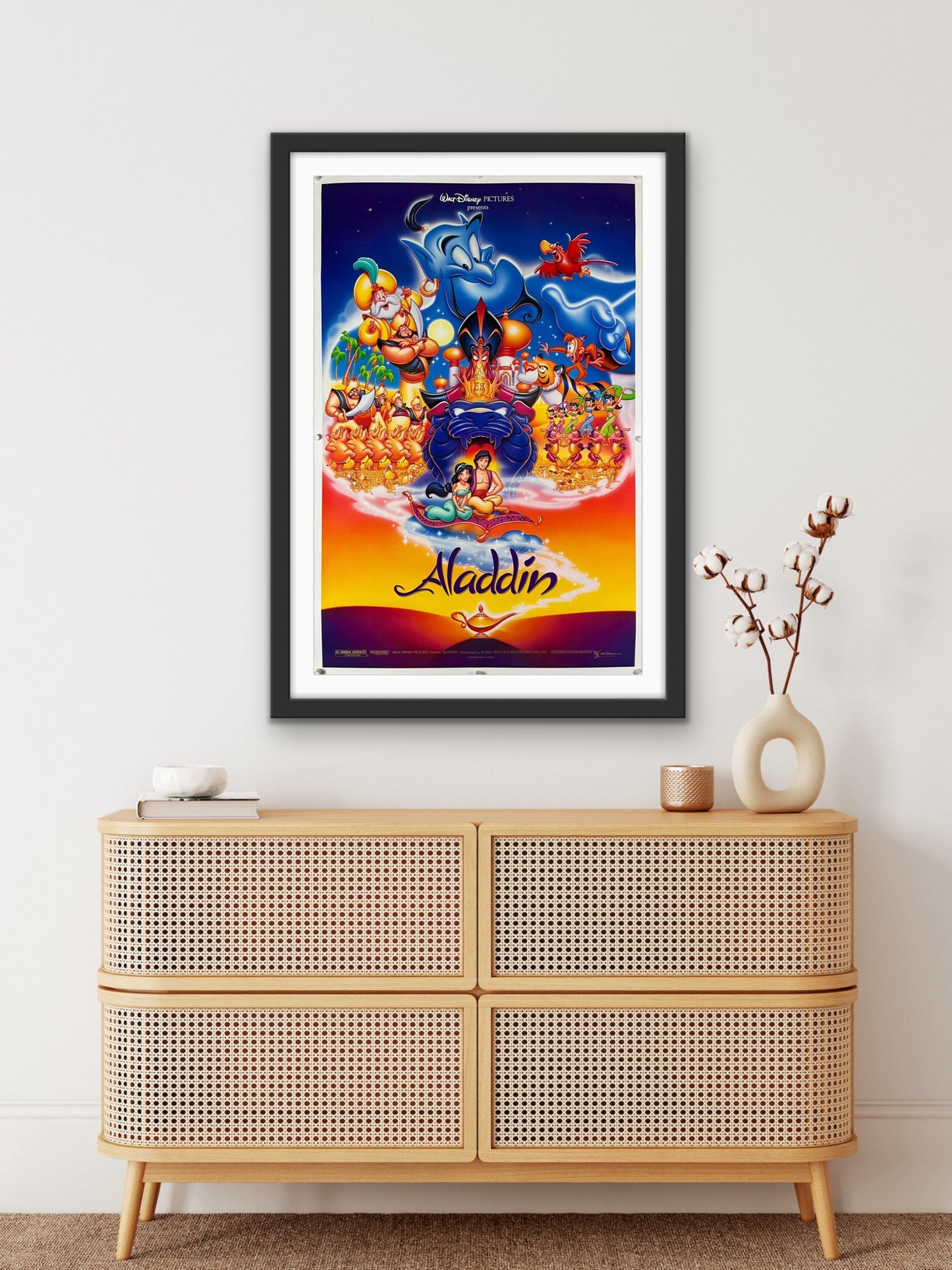 An original movie poster for the 1992 Disney film Aladdin