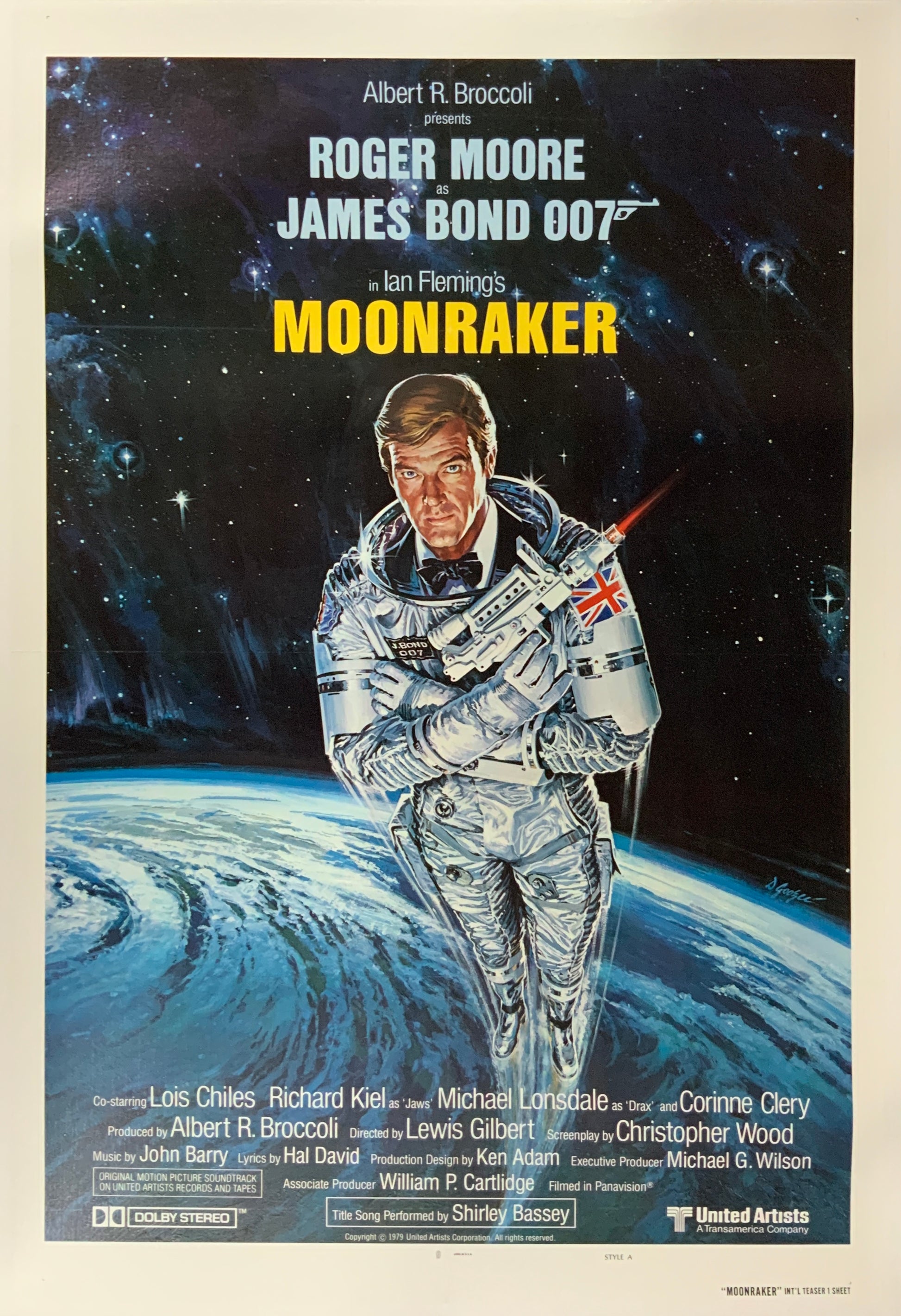 An original movie poster for the James Bond film Moonraker with artwork by Daniel Goozee