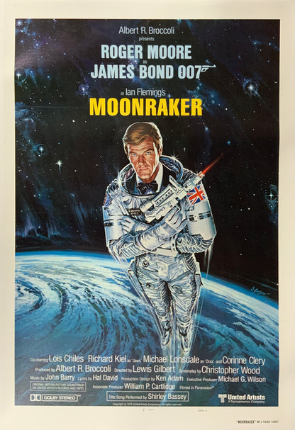 An original movie poster for the James Bond film Moonraker with artwork by Daniel Goozee