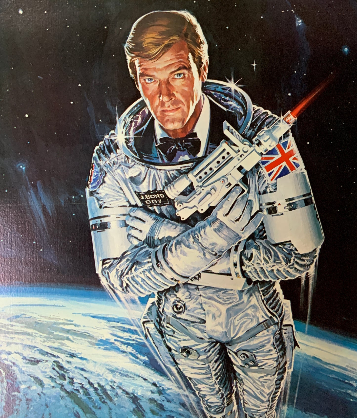 An original movie poster for the James Bond film Moonraker with artwork by Daniel Goozee
