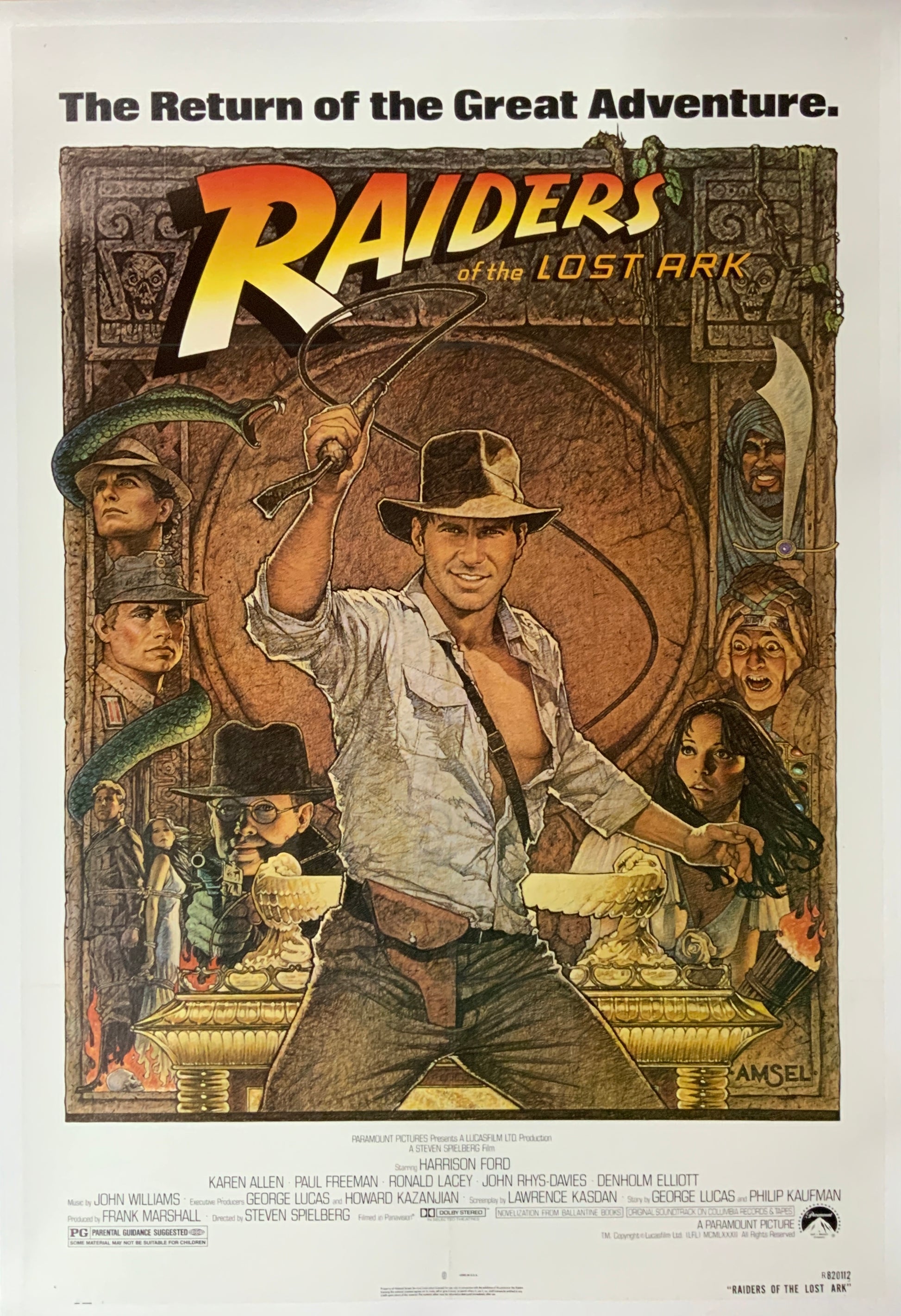 An original movie poster with art by Richard Amsel for the film Raiders of the Lost Ark