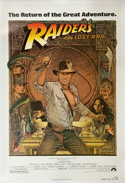 An original movie poster with art by Richard Amsel for the film Raiders of the Lost Ark