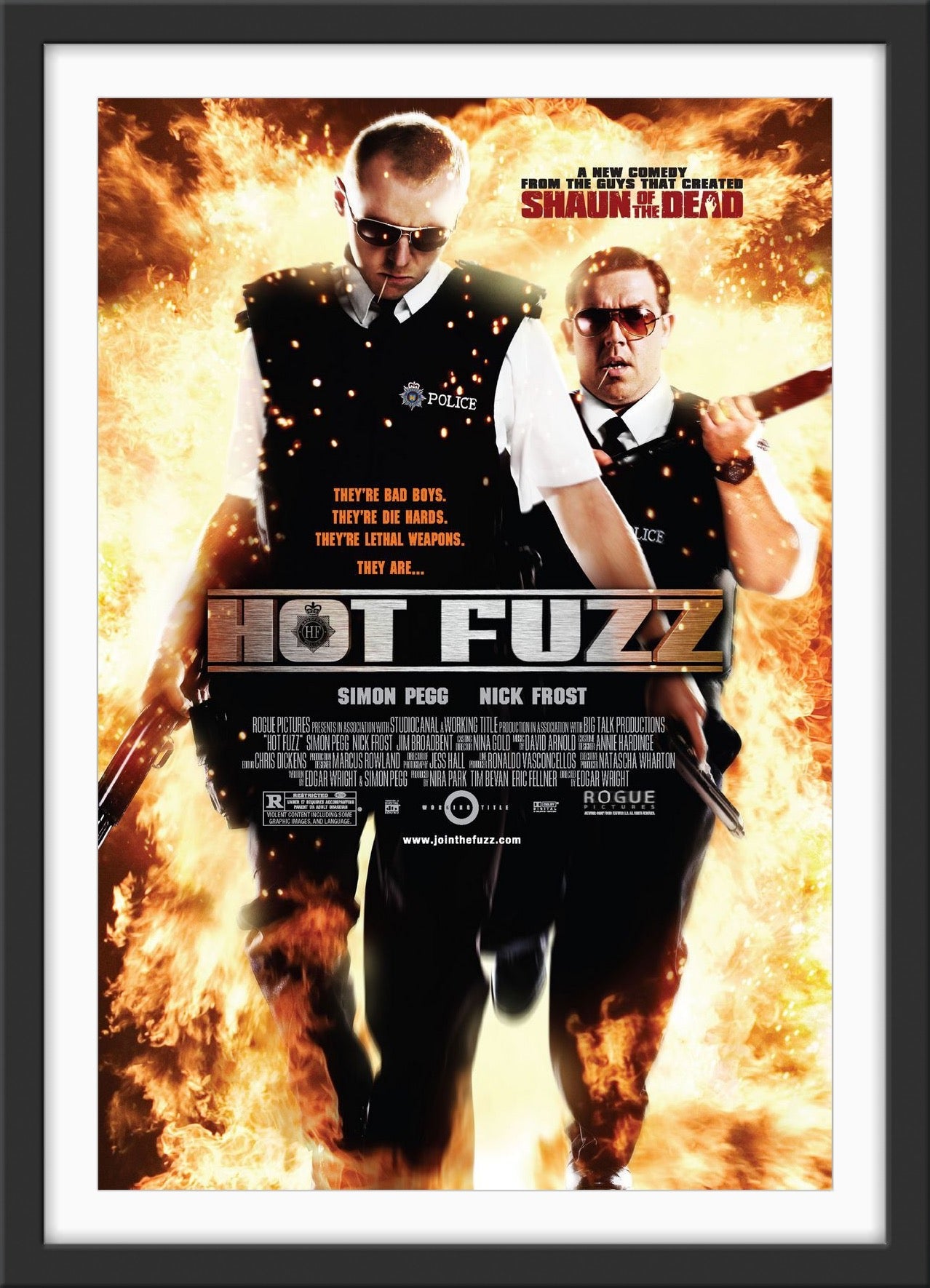 An original movie poster for the Edgar Wright movie Hot Fuzz