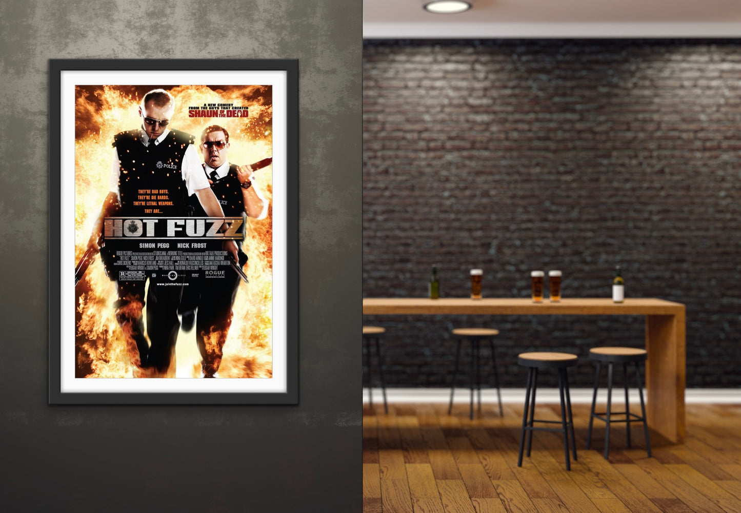 An original movie poster for the Edgar Wright movie Hot Fuzz