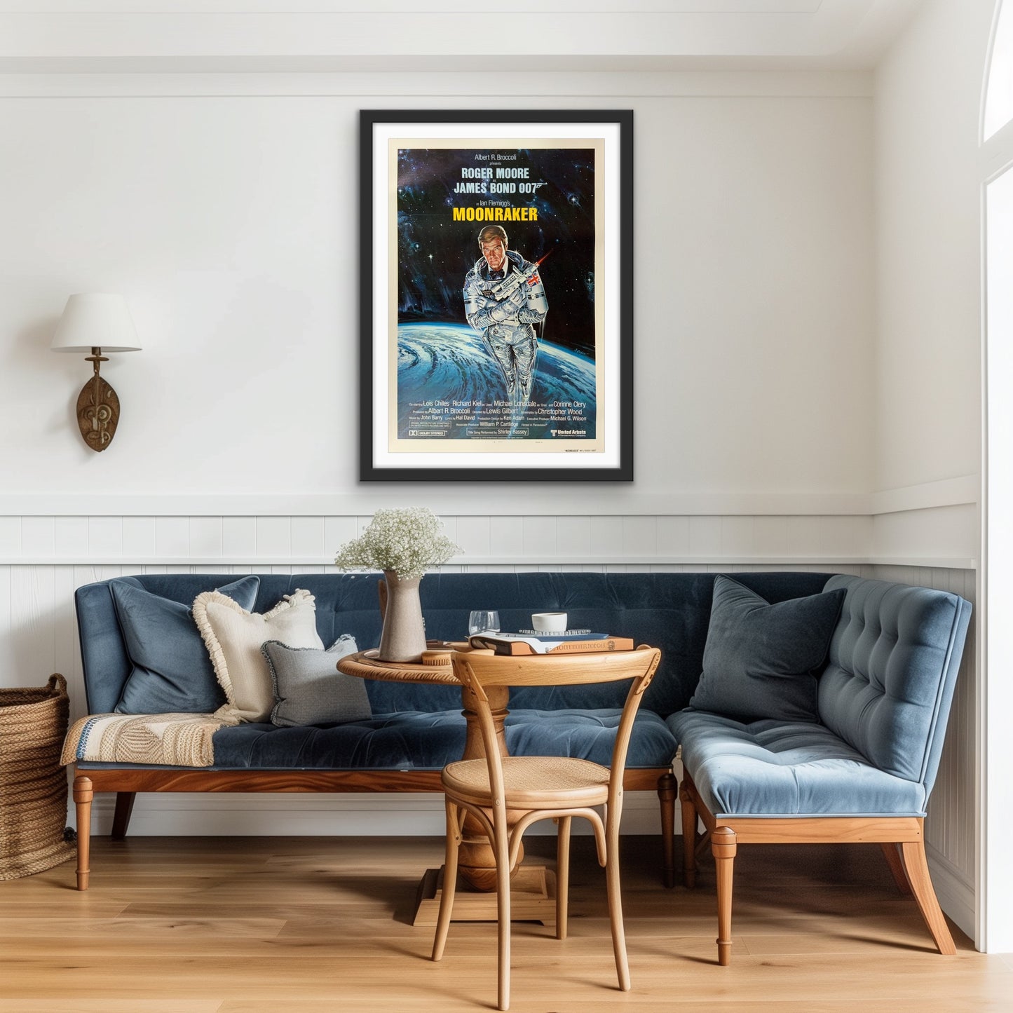 An original movie poster for the James Bond film Moonraker with artwork by Daniel Goozee