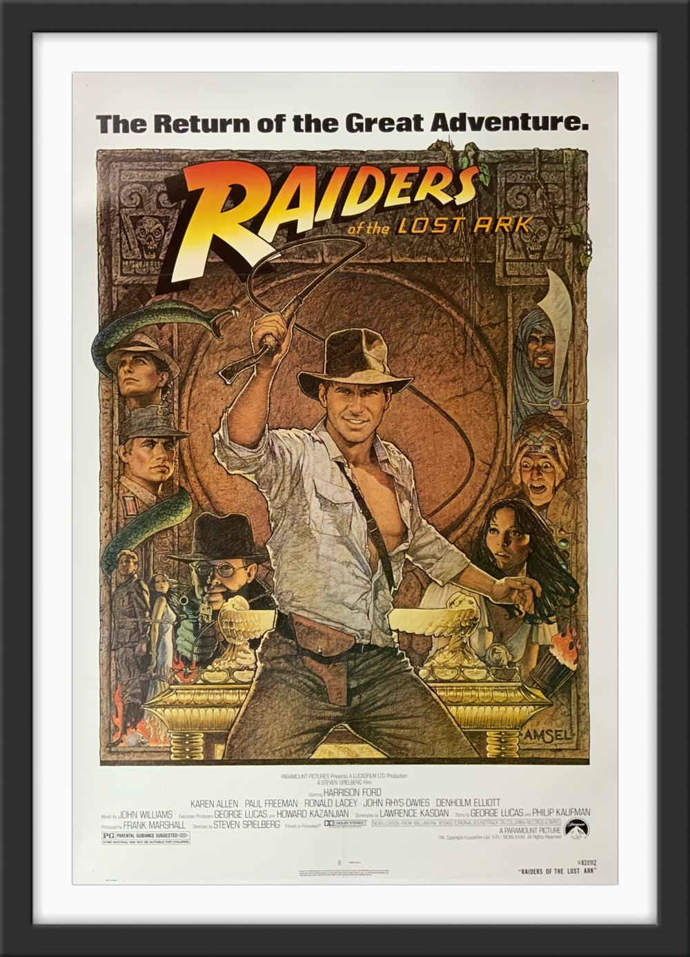 An original movie poster with art by Richard Amsel for the film Raiders of the Lost Ark