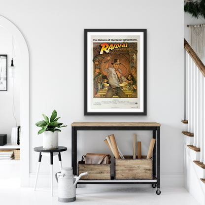 An original movie poster with art by Richard Amsel for the film Raiders of the Lost Ark