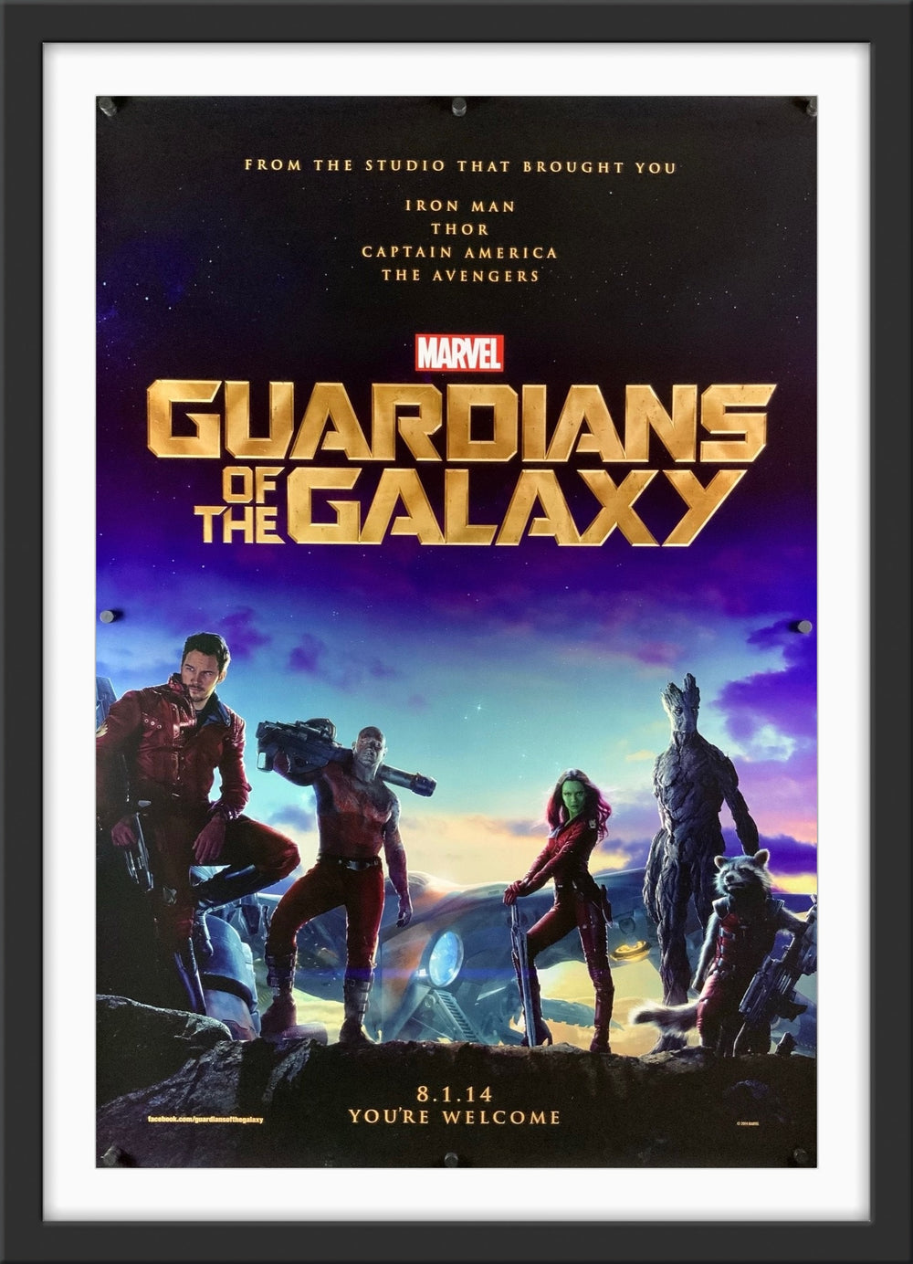 An original movie poster for the Marvel film Guardians of the Galaxy.