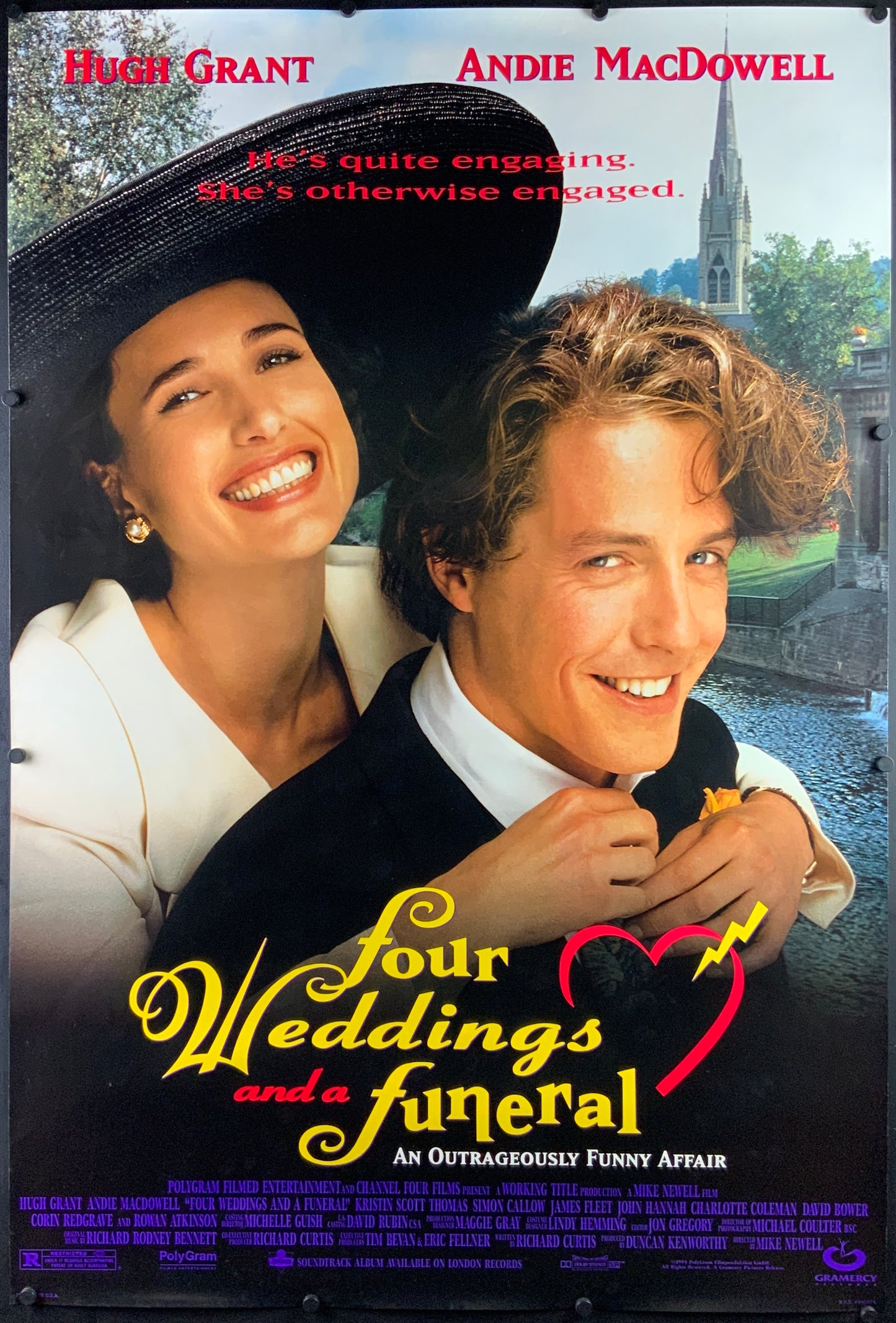 An original movie poster for the film Four Weddings and a Funeral