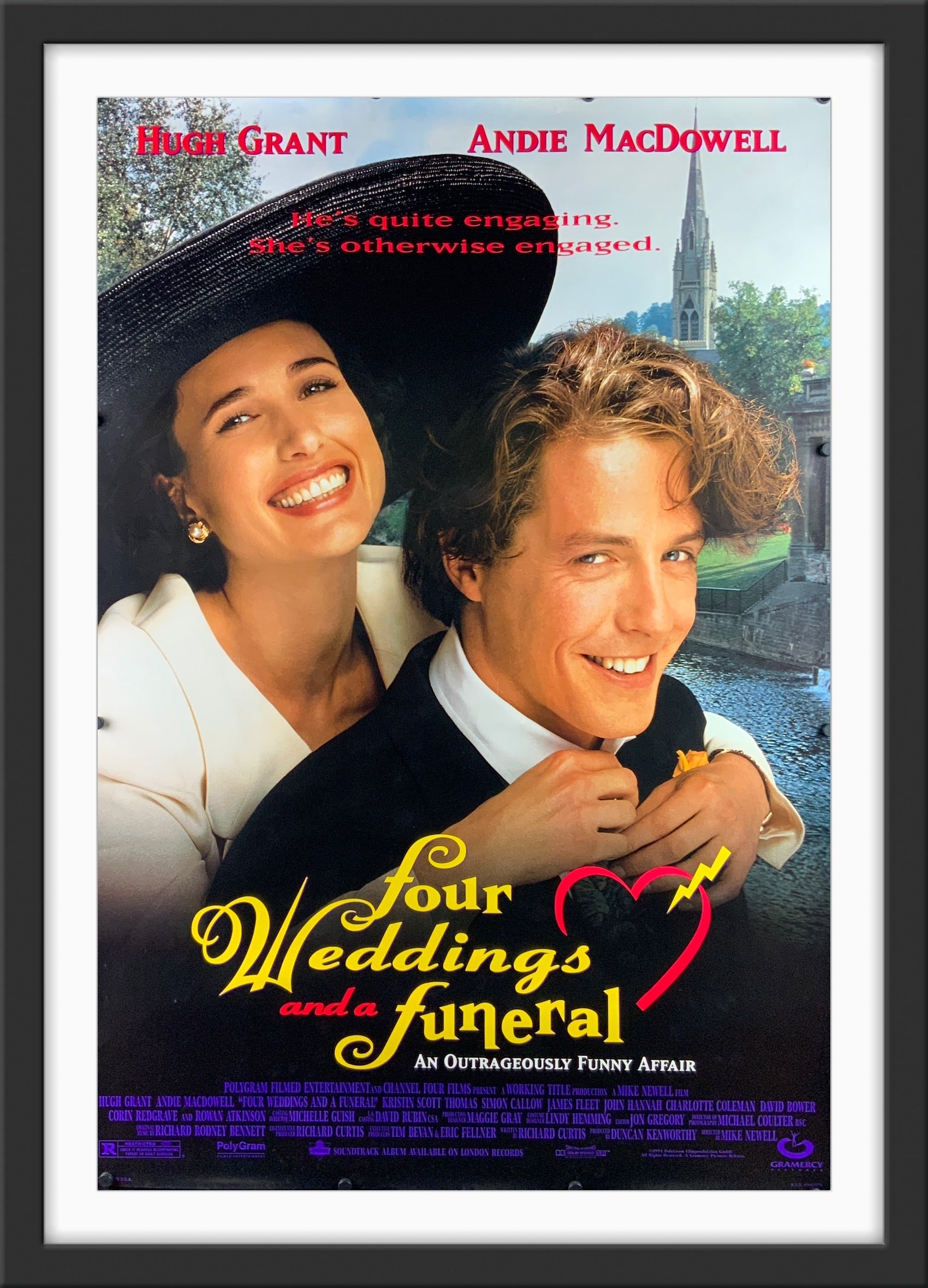 An original movie poster for the film Four Weddings and a Funeral