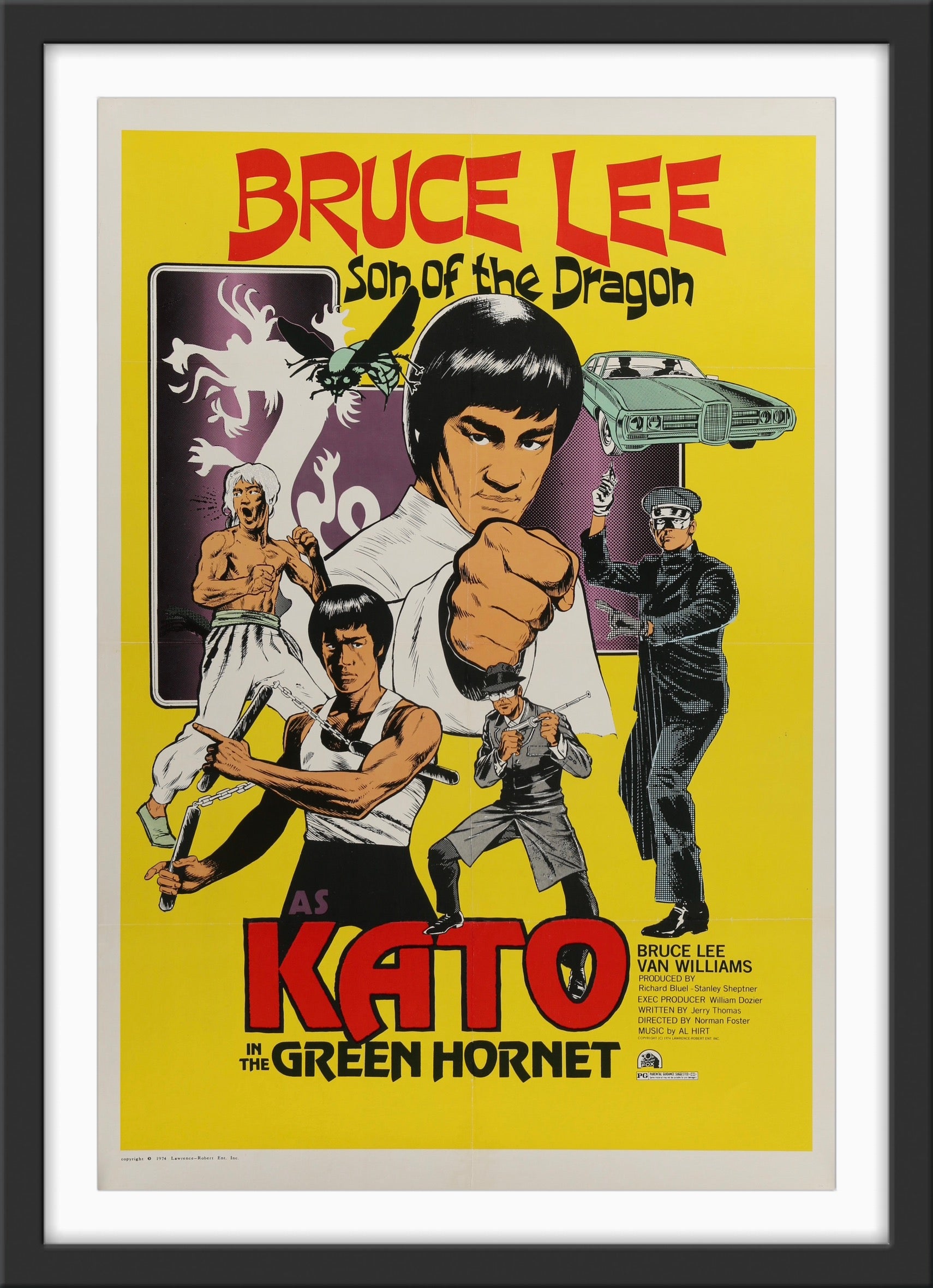 Vintage movie poster featuring Bruce Lee as Kato from 'The Green Hornet' with action poses and character illustrations.
