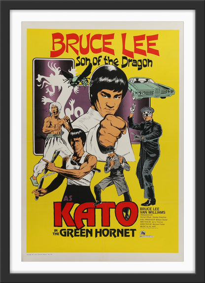 Vintage movie poster featuring Bruce Lee as Kato from 'The Green Hornet' with action poses and character illustrations.