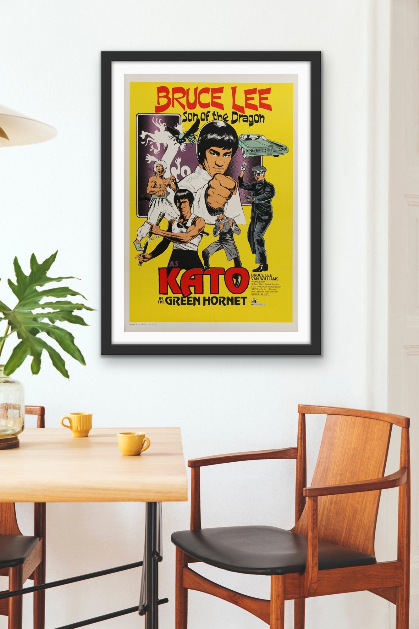 Vintage movie poster featuring Bruce Lee as Kato from 'The Green Hornet' with action poses and character illustrations.
