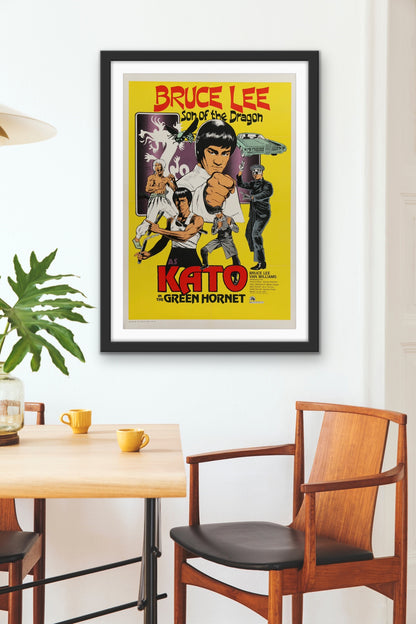 Vintage movie poster featuring Bruce Lee as Kato from 'The Green Hornet' with action poses and character illustrations.