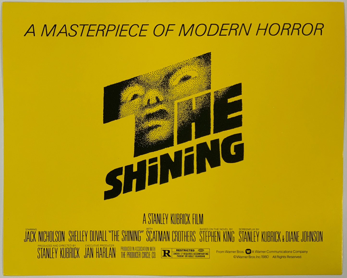An original title lobby card for the Stanley Kubrick film The Shining