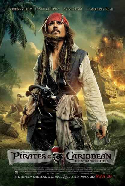 An original movie poster for the film Pirates of the Caribbean On Stranger Tides