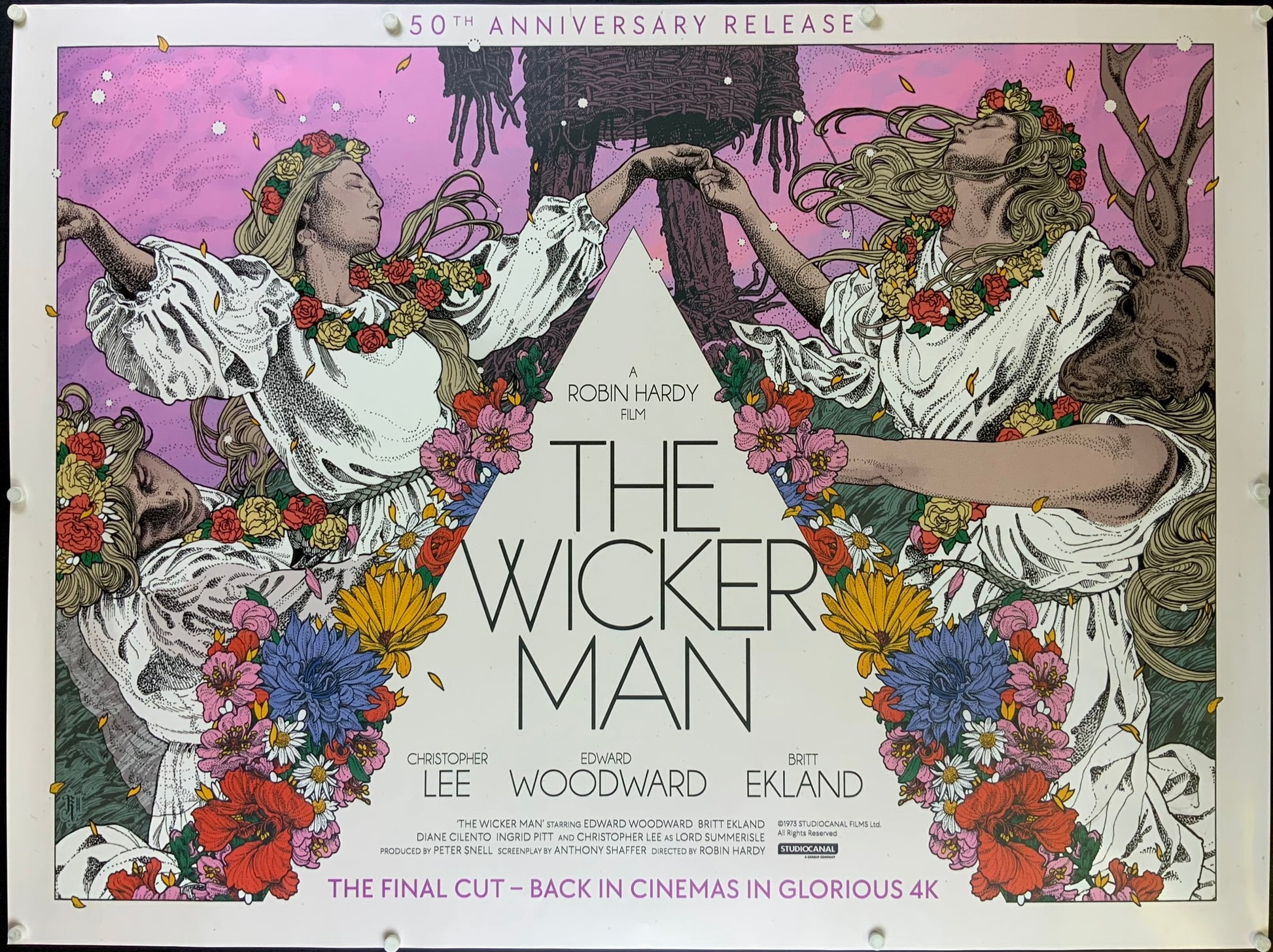 An original UK quad movie poster for the 50th Anniversary of the film The Wicker Man