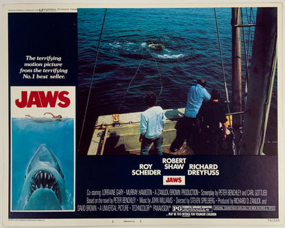 An original 11x14 lobby card from 1975 for the film Jaws