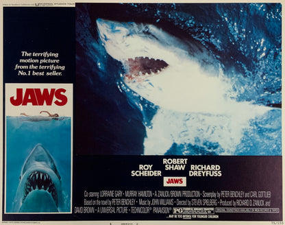 An original 11x14 lobby card from 1975 for the film Jaws