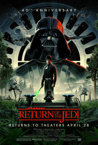 An original 40th anniversary movie poster for the Star Wars film Return of the Jedi with art by Matt Ferguson
