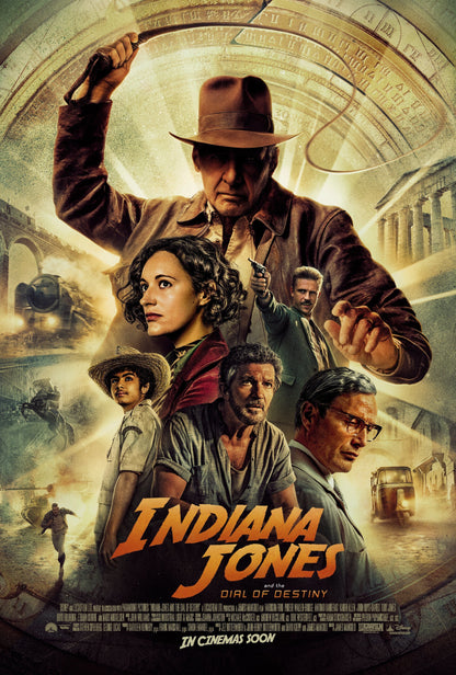 An original movie poster for the film Indiana Jones and the Dial of DestinyAn original movie poster for the film Indiana Jones and the Dial of Destiny
