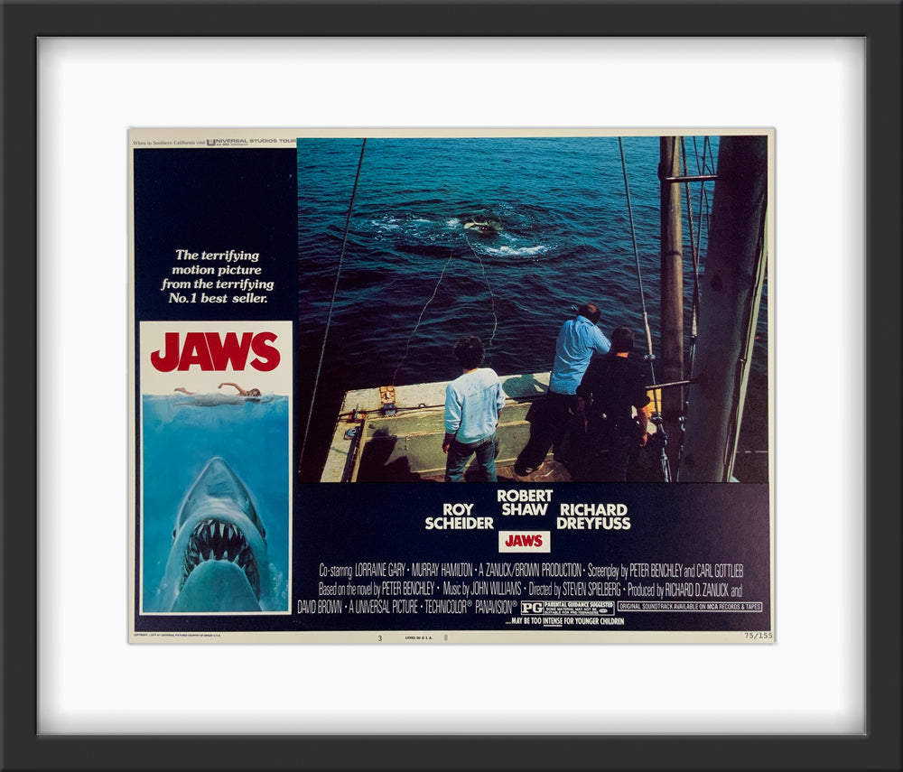 An original 11x14 lobby card from 1975 for the film Jaws