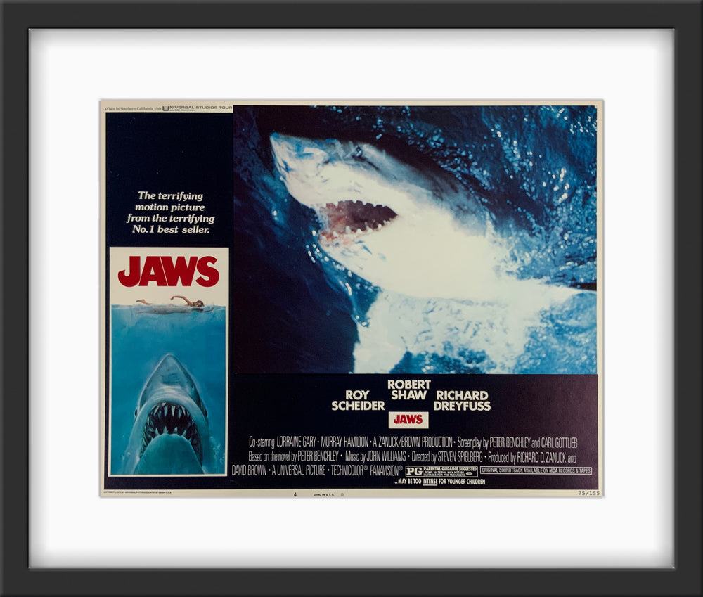 An original 11x14 lobby card from 1975 for the film Jaws