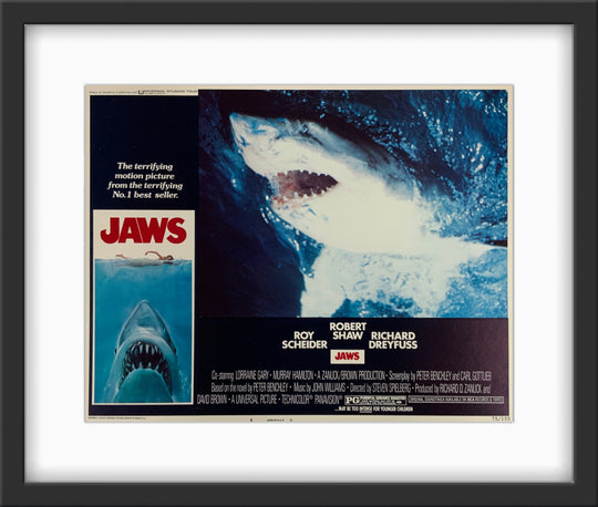 An original 11x14 lobby card from 1975 for the film Jaws