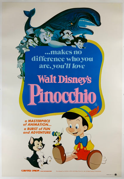 An original movie poster for the Disney animated film Pinocchio