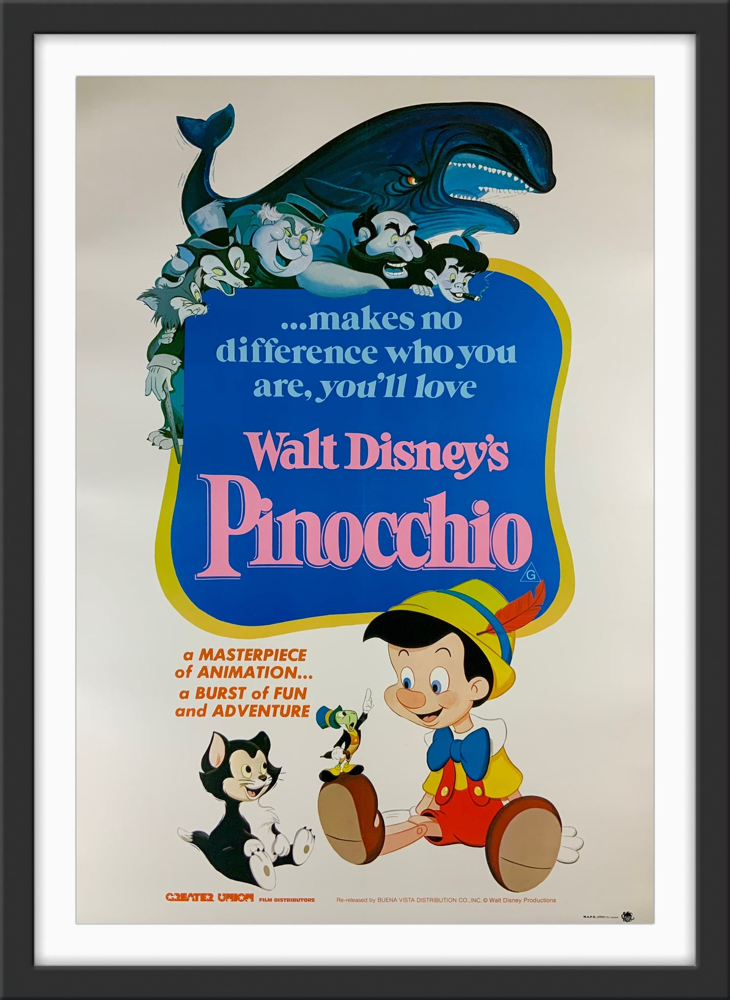 An original movie poster for the Disney animated film Pinocchio