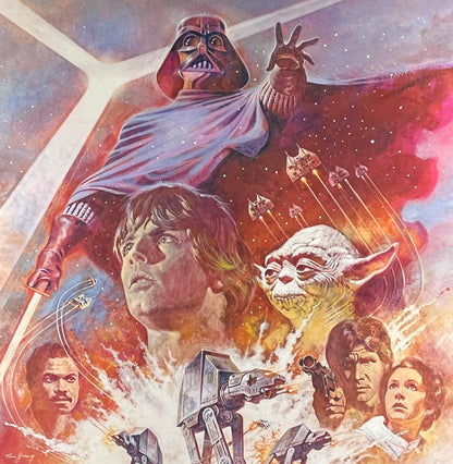 An original movie poster for the Star Wars film The Empire Strikes Back with artwork by Tom Jung