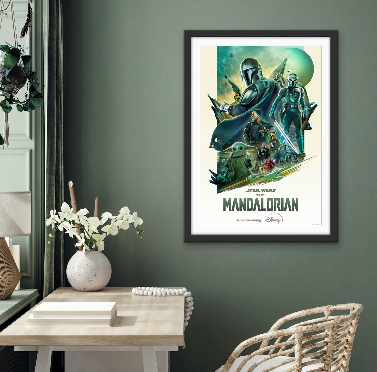 An original movie poster for the Disney+ Star Wars series The Mandalorian