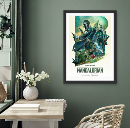 An original movie poster for the Disney+ Star Wars series The Mandalorian