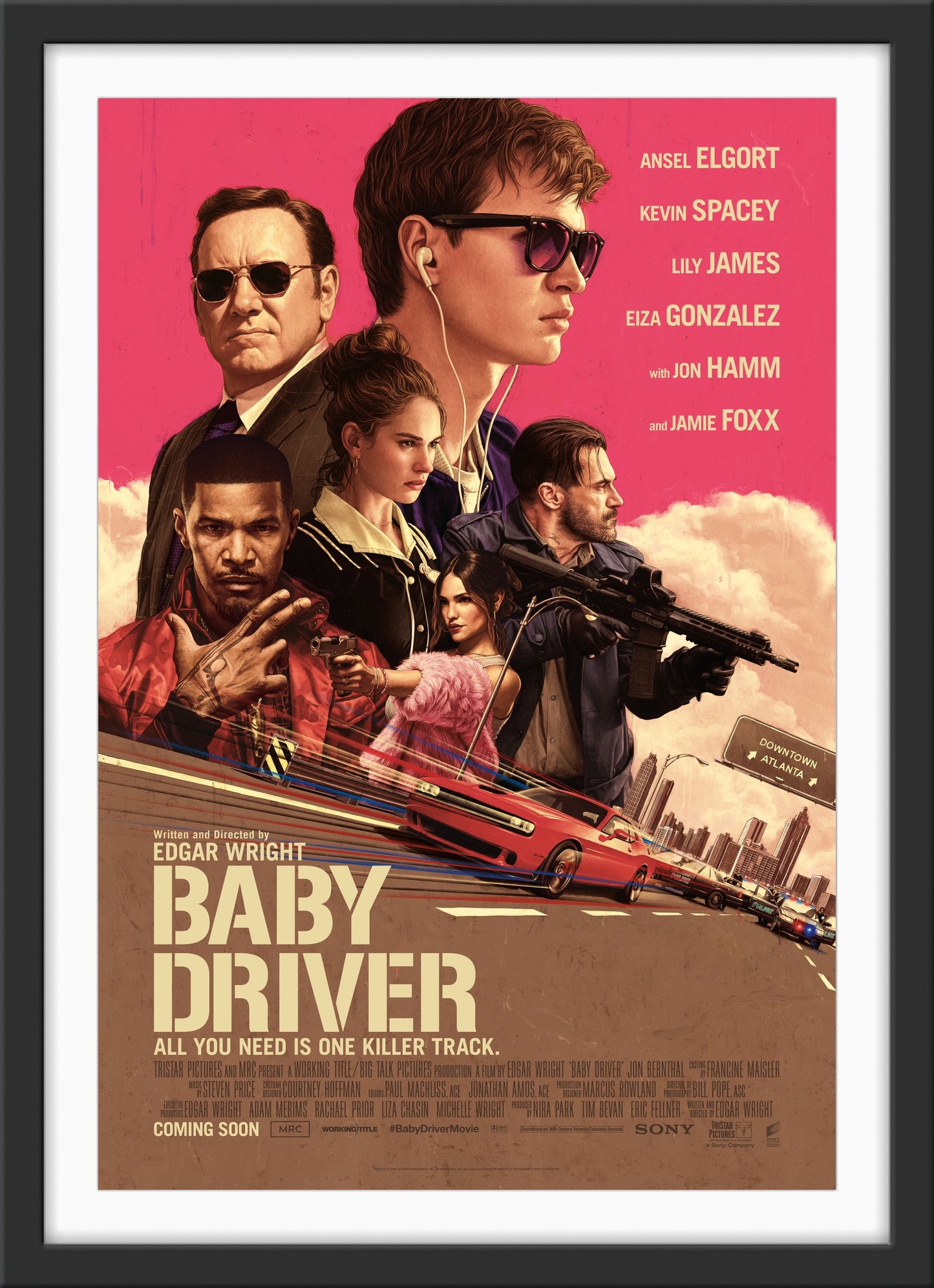 An original movie poster for the film Baby Driver with art by Rory Kurtz
