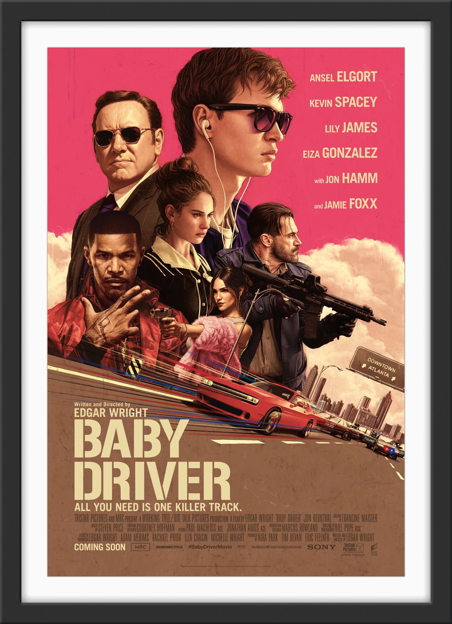 An original movie poster for the film Baby Driver with art by Rory Kurtz