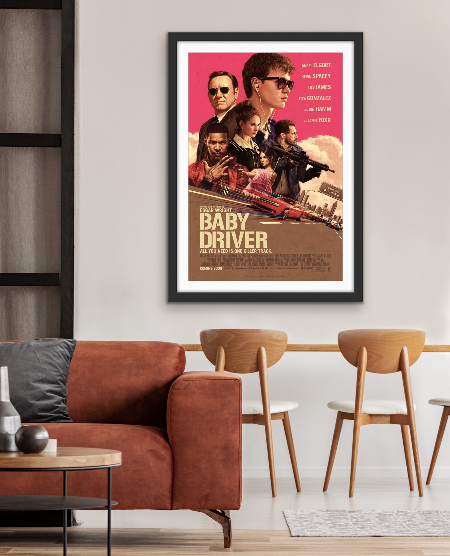 An original movie poster for the film Baby Driver with art by Rory Kurtz
