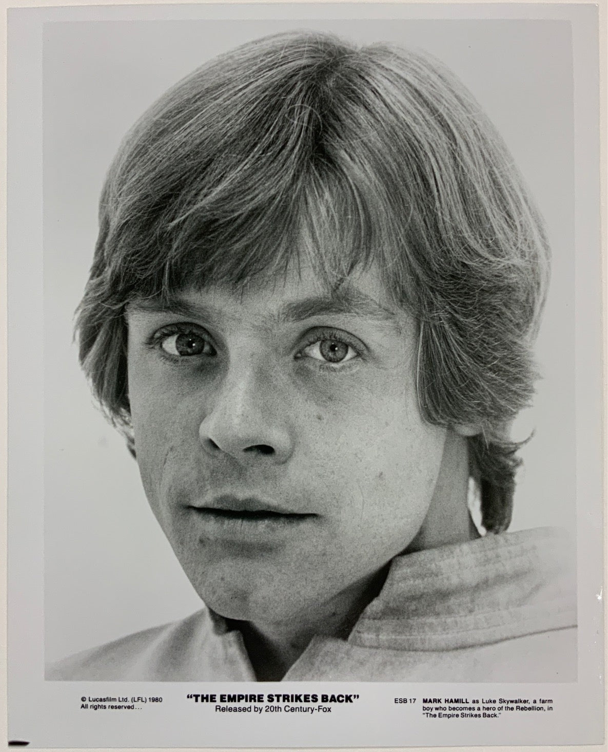 An original 8x10 promotional still of Mark Hamill  as Luke Skywalker for the Star Wars film The Empire Strikes Back
