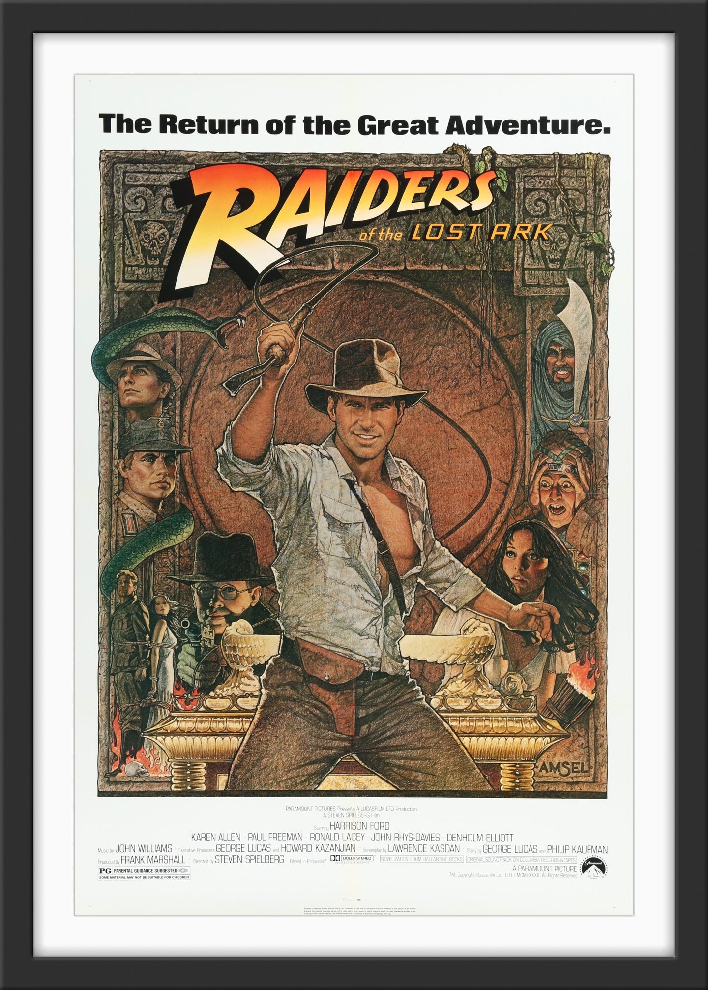 An original movie poster for the film Raiders of the Lost Ark with art by Richard Amsel