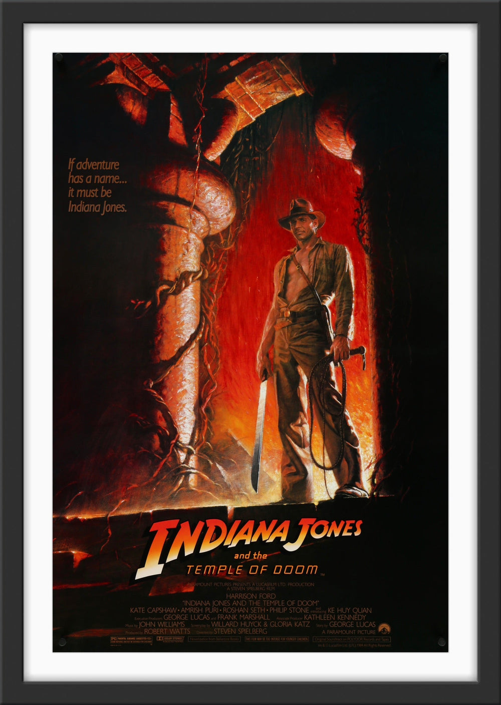 An original movie poster for the film Indiana Jones and the Temple of Doom