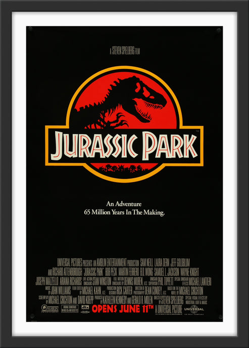 An original movie poster for the film Jurassic Park