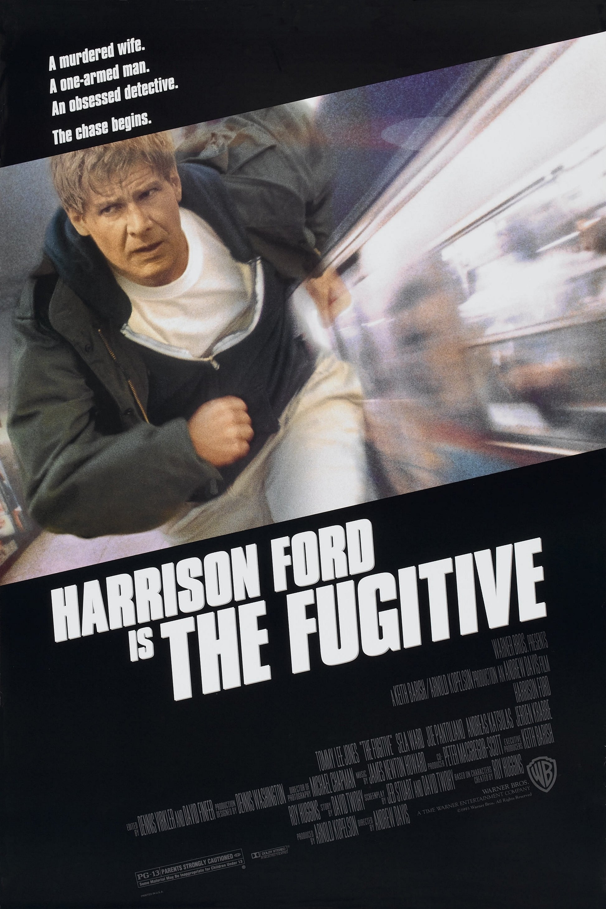 An original movie poster for the Harrison Ford film The Fugitive