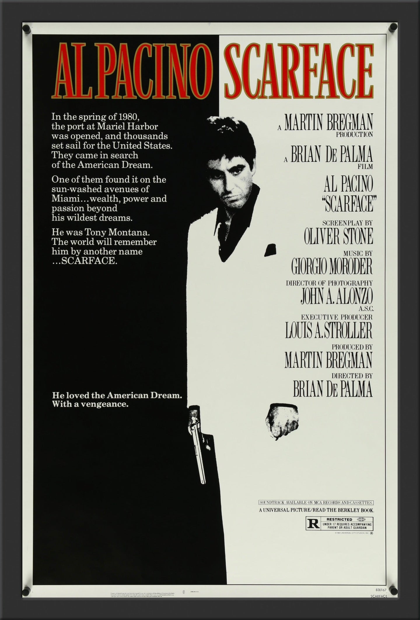 An original movie poster for the Al Pacino film Scarface