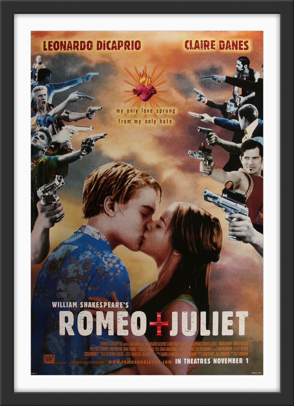 An original movie poster for the Baz Luhrmann film Romeo and Juliet