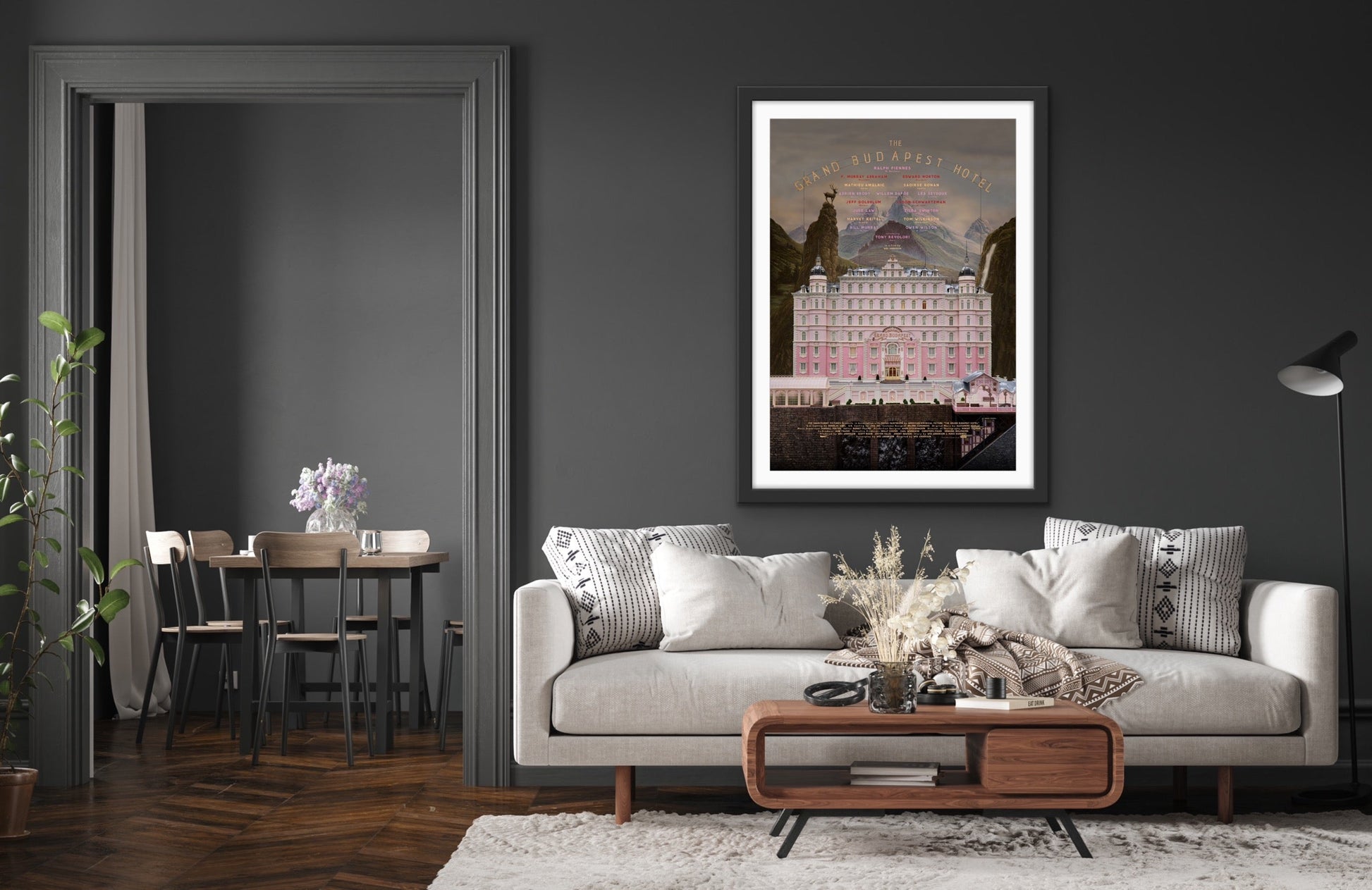 An original movie poster for the Wes Anderson film "The Grand Budapest Hotel"