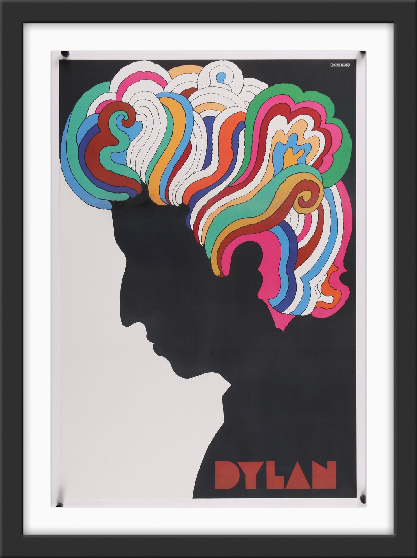 An original poster for Bob Dylan's 1967 Greatest Hits album with artwork by Milton Glaser