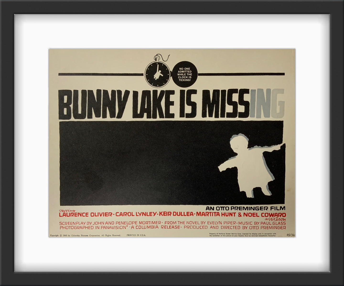 An original 11x14 lobby card designed by Saul Bass for the Otto Preminger film Bunny Lake Is Missing