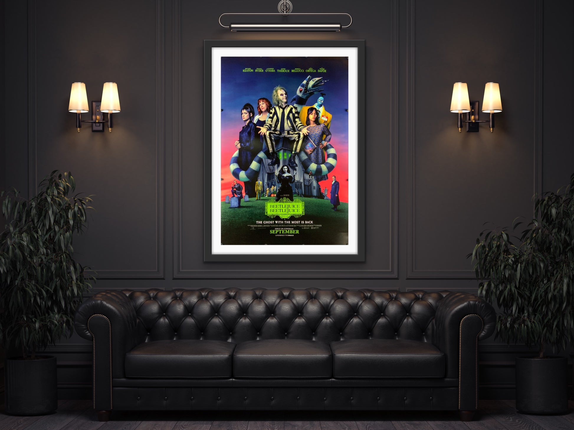 An original movie poster for the 2024 film Beetlejuice Beeltejuice