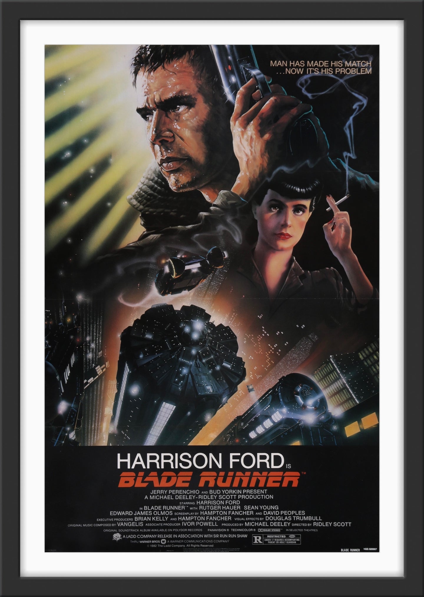 An original movie poster with art by John Alvin for the 1982 film Bladerunner / Blade Runner