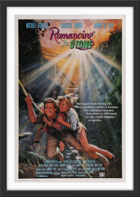 An original movie poster for the film Romancing The Stone