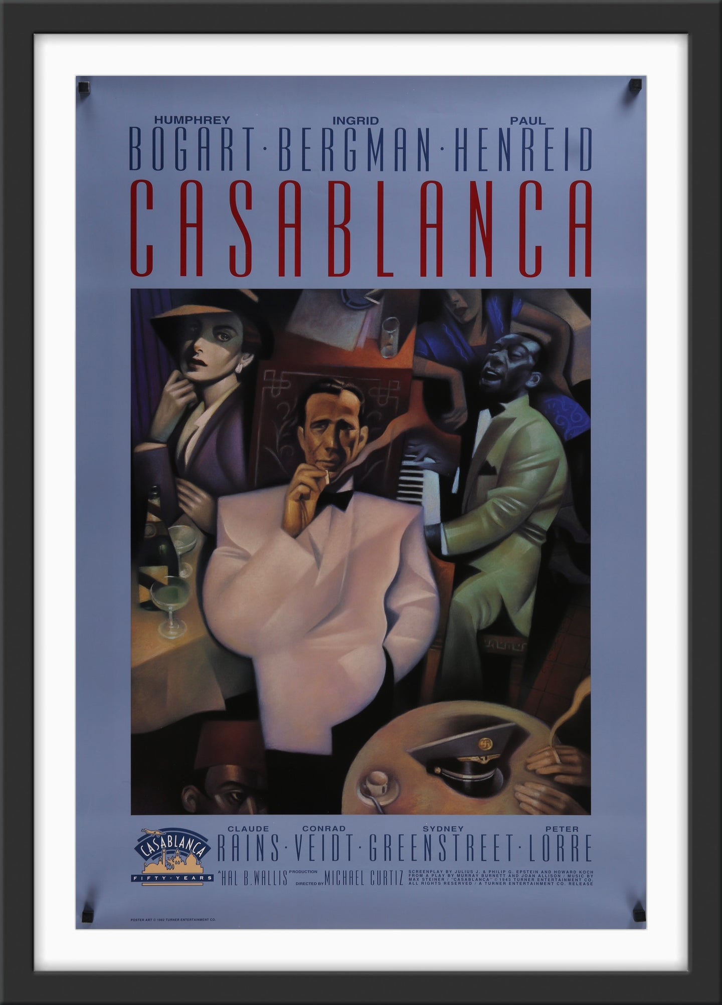 An original movie poster for the 1989 50th anniversary release of the film Casablanca